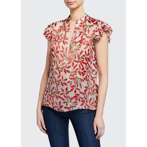 Alice & Olivia Malita Ruffle SIlk Blouse Dancing Leaf Powder Blue Size Medium